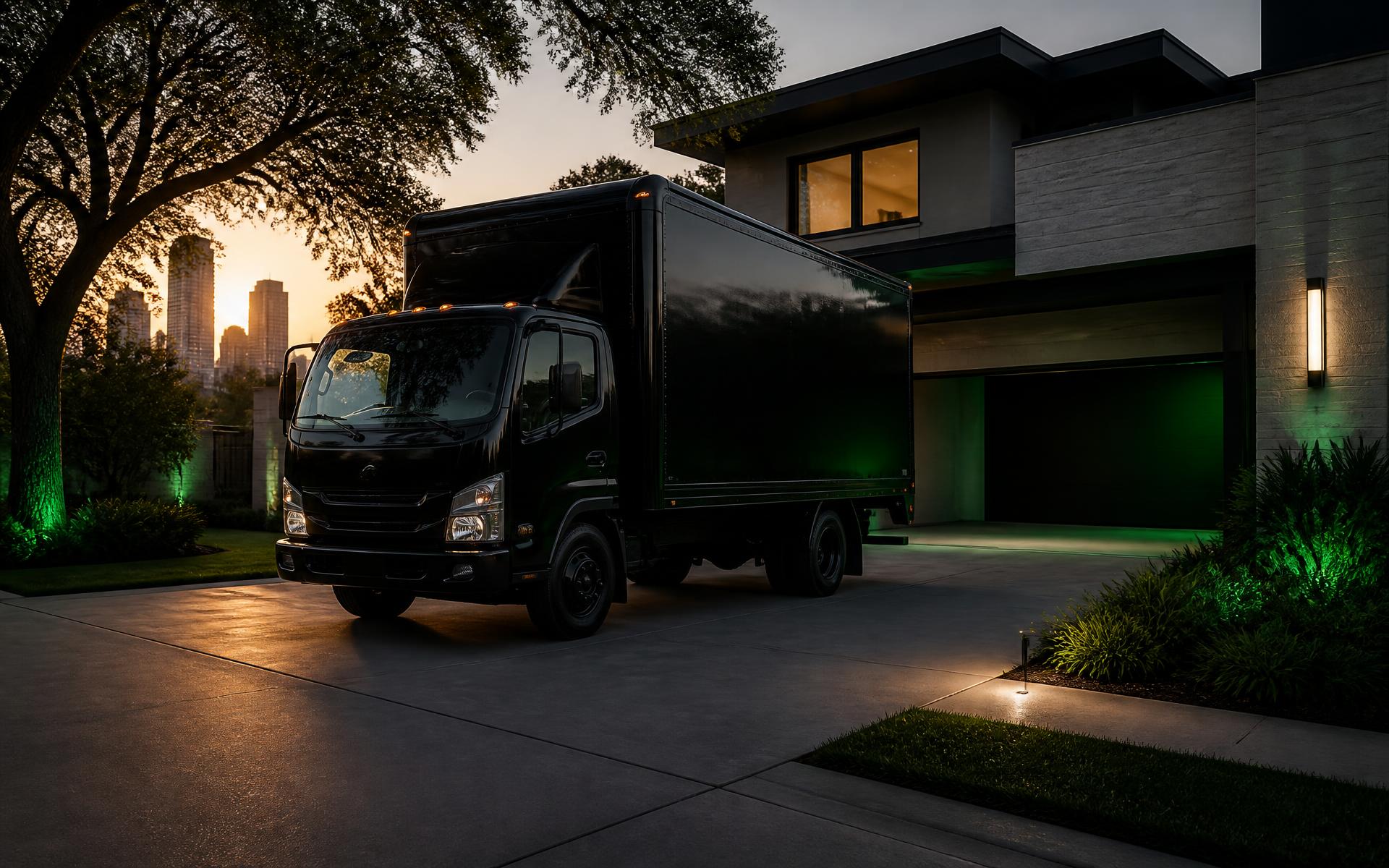 Green Lopez Junk Removal truck parked outside a Houston home at sunset